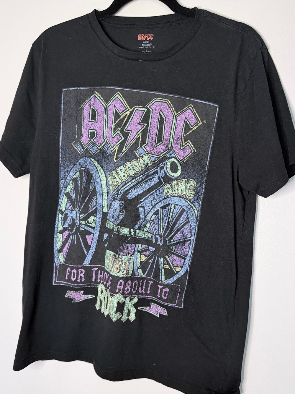 AC/DC Black Graphic Tee with Purple and Green Band Art